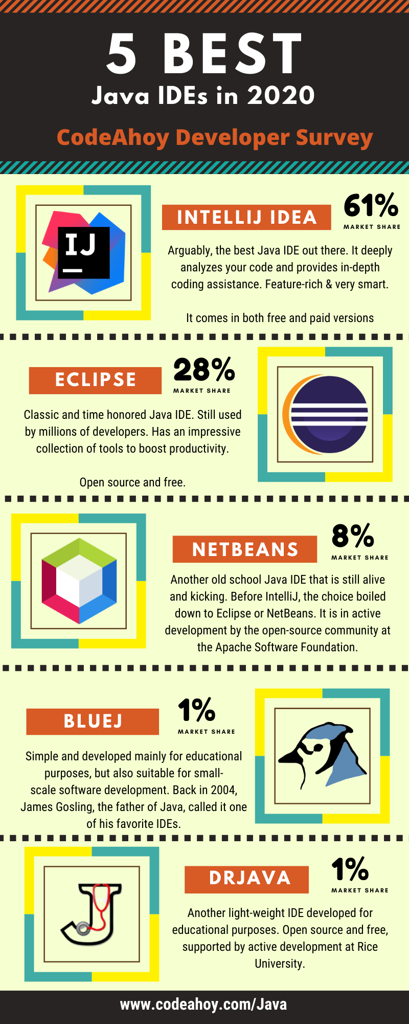 Infographic Showing Top 5 Java IDEs including IntelliJ IDEA, Eclipse, NetBeans, BlueJ and DrJava