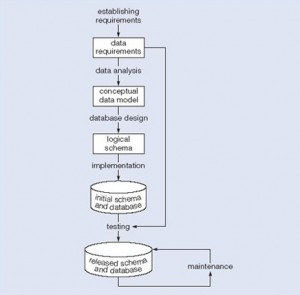 Figure 13.2. A waterfall model of the activities and their outputs for database development.