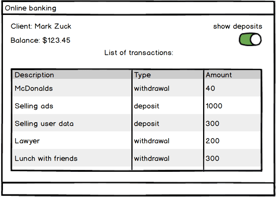 UI of an online banking account